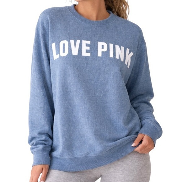 PINK Victoria's Secret Tops - Victoria's Secret PINK Steel Blue with White Logo French Terry Pullover Tunic